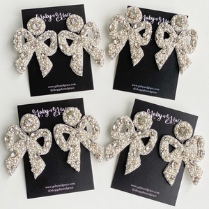 Hayley Bows & Pearls Bridal Wedding Christmas Pearl and Crystal Earrings on cards