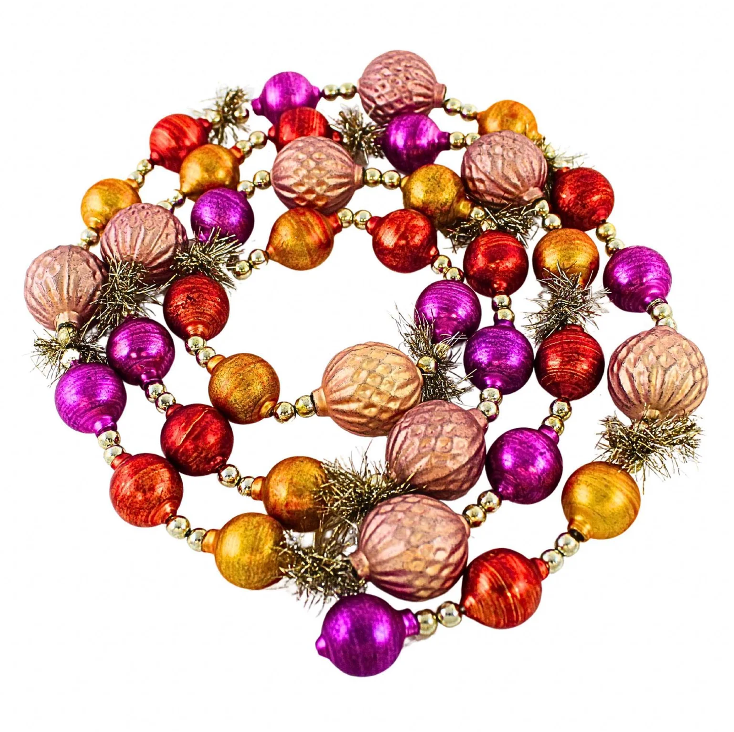 The Canton Christmas Shop Heirloom Ball Garland by Cody Foster Copper Gold Pink Red Glitter Tinsel Silver Beads in a coil