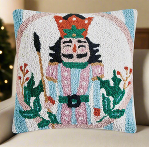 The Canton Christmas Shop Holly Stripe Nutcracker Hooked Wool Pillow