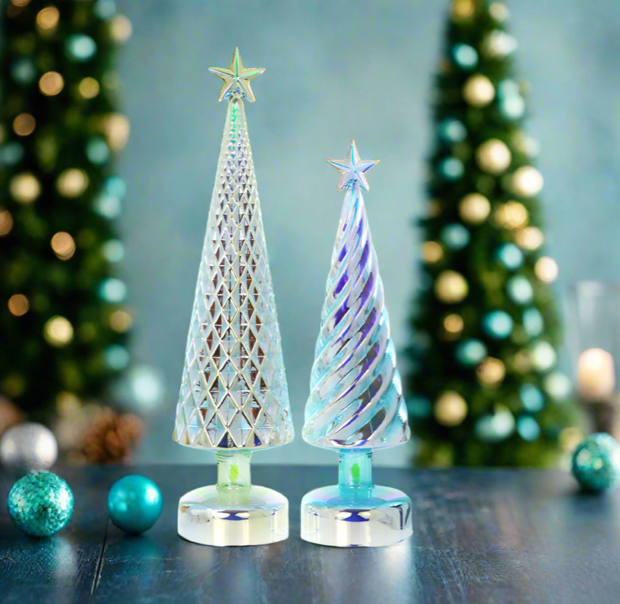 The Canton Christmas Shop Cody Foster iridescent lit green tree set of 2 glass trees