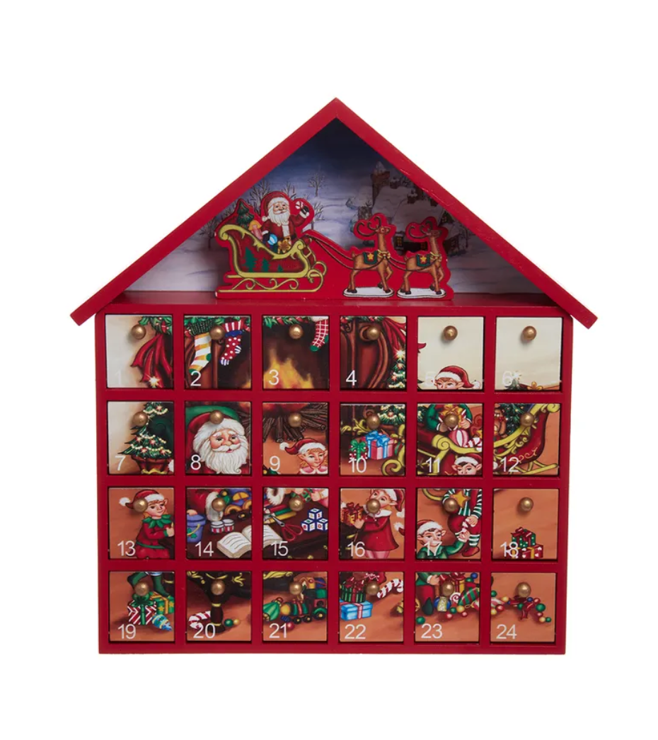 The Canton Christmas Shop 13" Wooden Santa Advent Calendar with trinkets for each day by Kurt Adler on tabletop