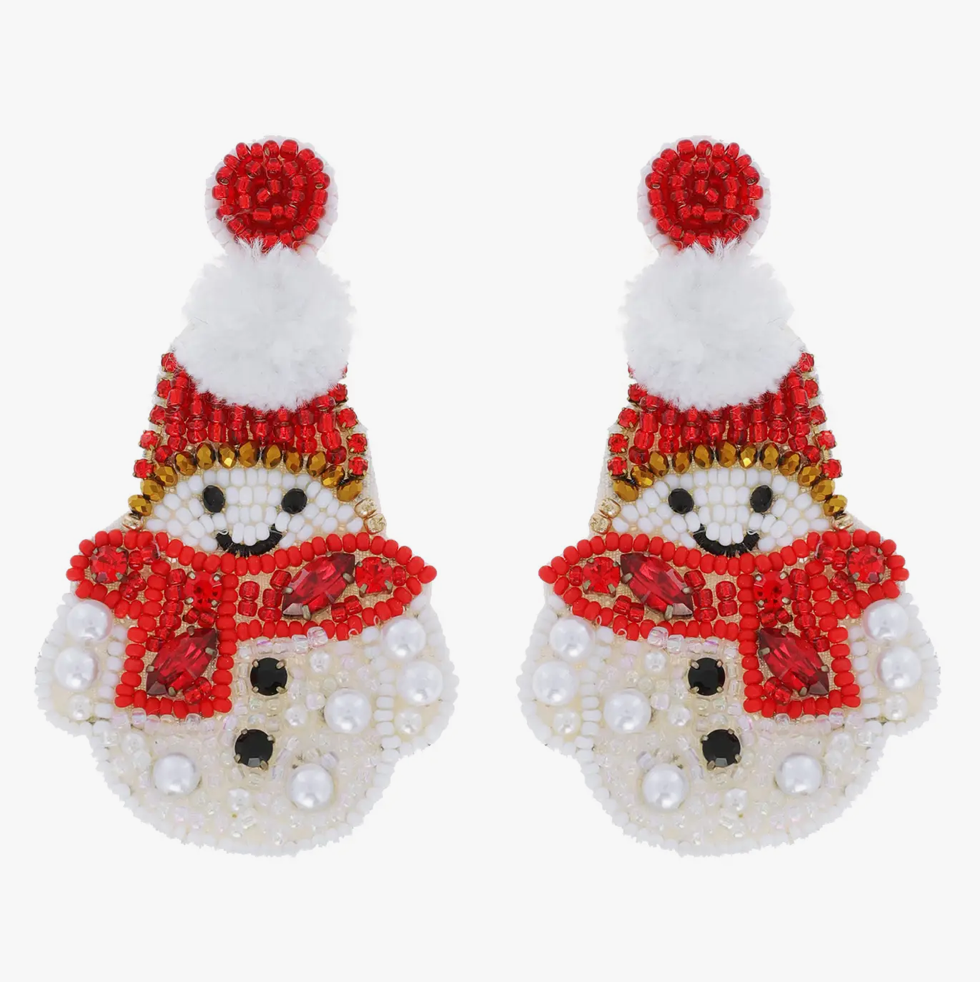 The Canton Christmas Shop Jeweled and Beaded Snowman Pom Pom Earrings Seed Bead Red and white