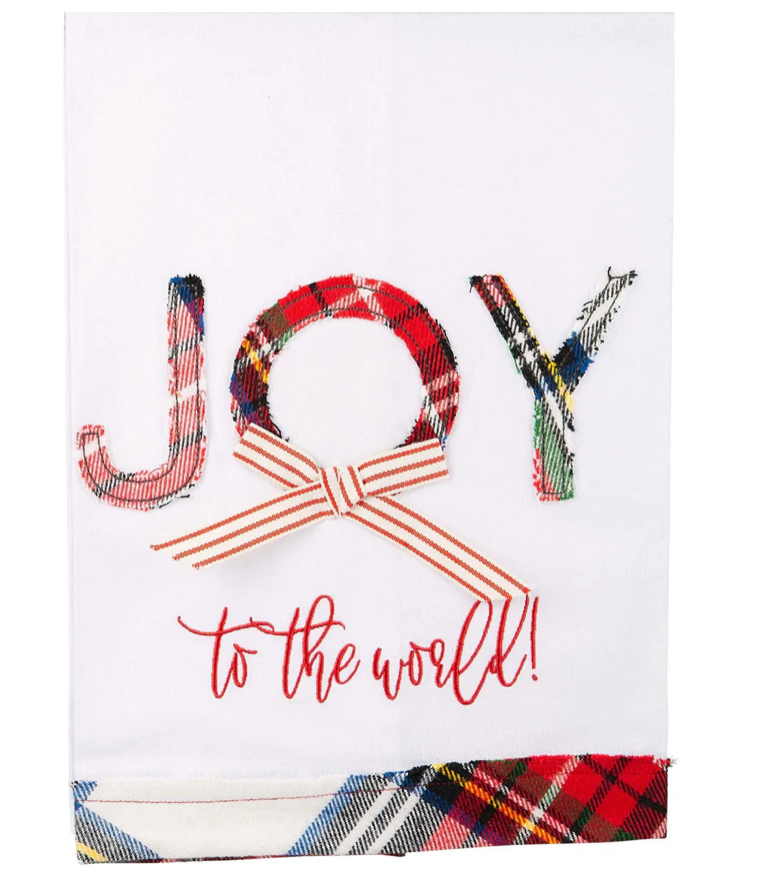 The Canton Christmas Shop joy to the world embroidered ribbon plaid kitchen towel by Glory Haus