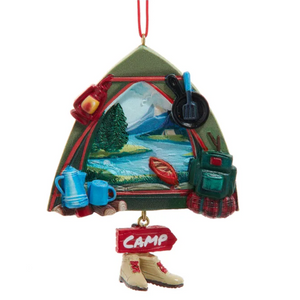 The Canton Christmas Shop Camping Ornament with Tent Campfire Coffee Hiking Backpack Frying Pan Lamp Hiking Boots Lake Canoe Mountains Nature