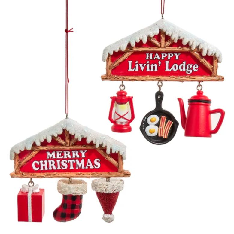 The Canton Christmas Shop Lodge Sign Merry Christmas Happy Livin&#39; Lodge Campfire Outdoor Nature Ornament with Buffalo Plaid Stocking Santa hat Present Lantern Frying Pan Coffee Pot