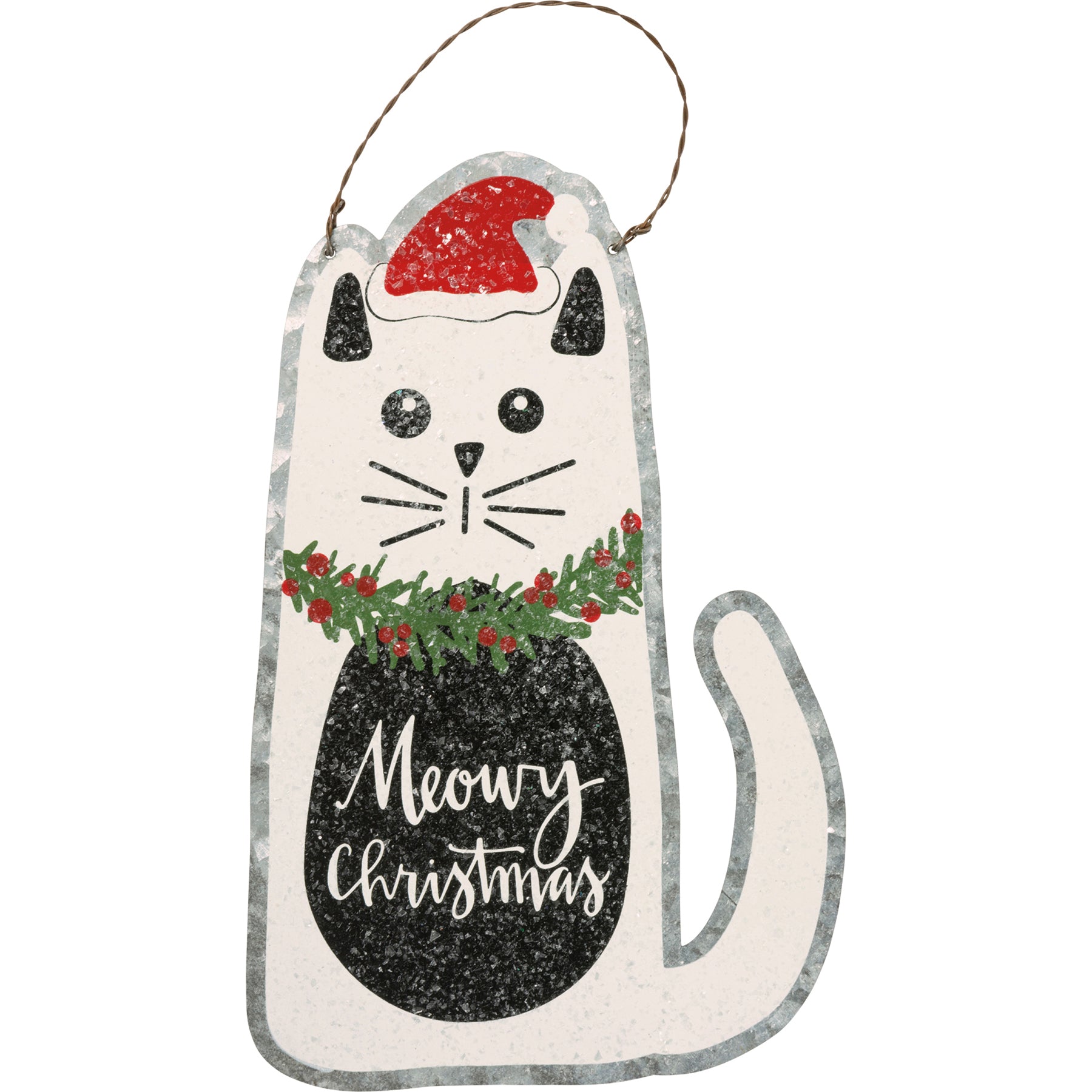 The Canton Christmas Shop Meowy Christmas Santa hat Wreath Wearing Cat Ornament with Glittery Snow made of metal on Christmas tree