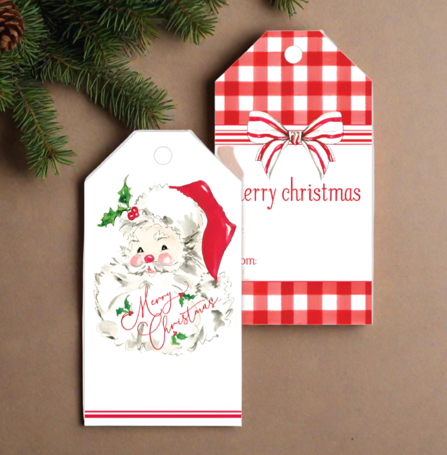 The Canton Christmas Shop Merry Christmas Red Santa Vintage Style Gift Tags by Roseanne Beck Dallas Texas Designer