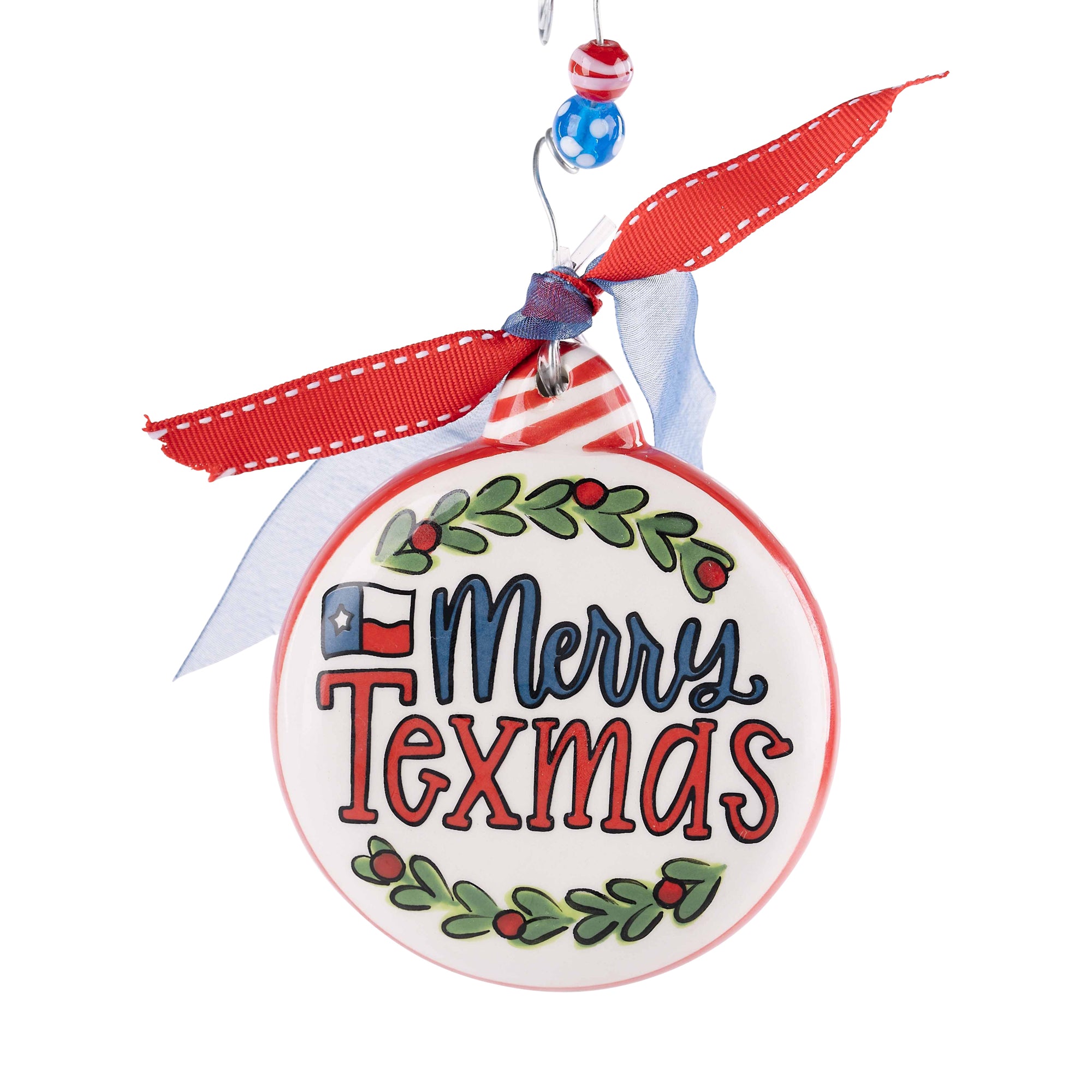 The Canton Christmas Shop Merry Texmas Flag Wreath Puff Ornament by Glory Haus on white background