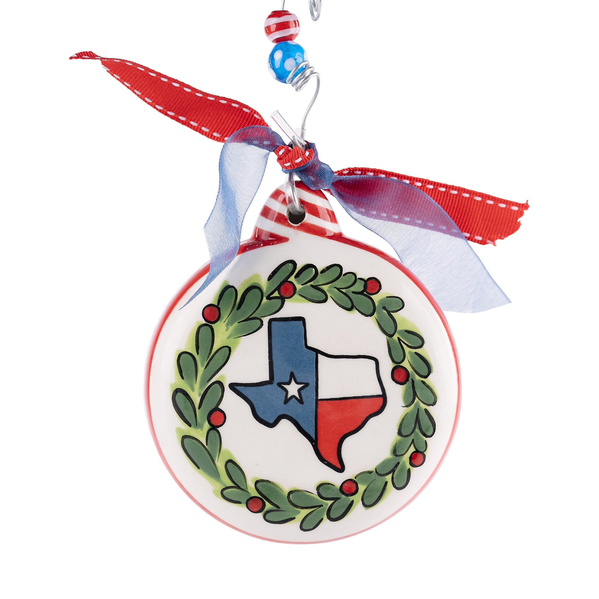 The Canton Christmas Shop Merry Texmas Flag Wreath Puff Ornament by Glory Haus with Texas State Flag and Garland