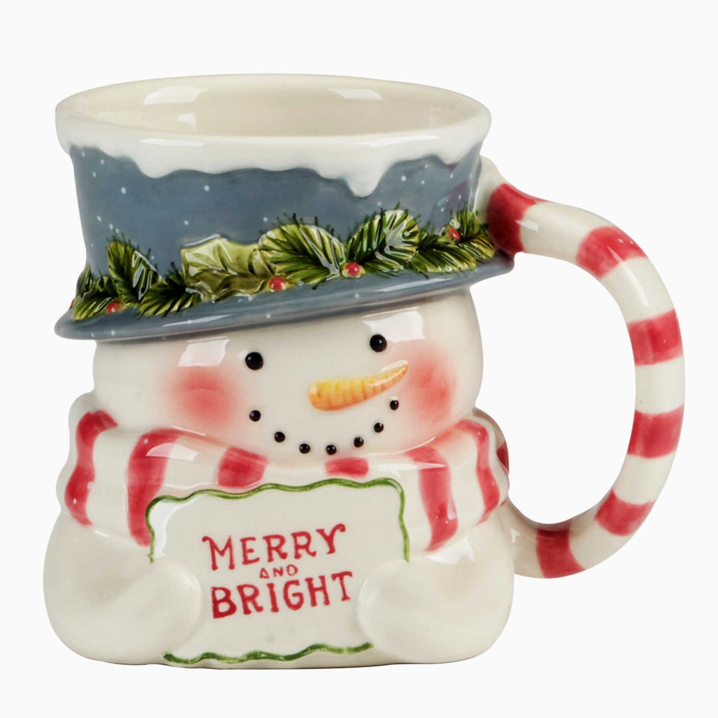 The Canton Christmas Shop Merry and Bright Snowman Mug on Table top at Christmas for coffee cocoa hot tea