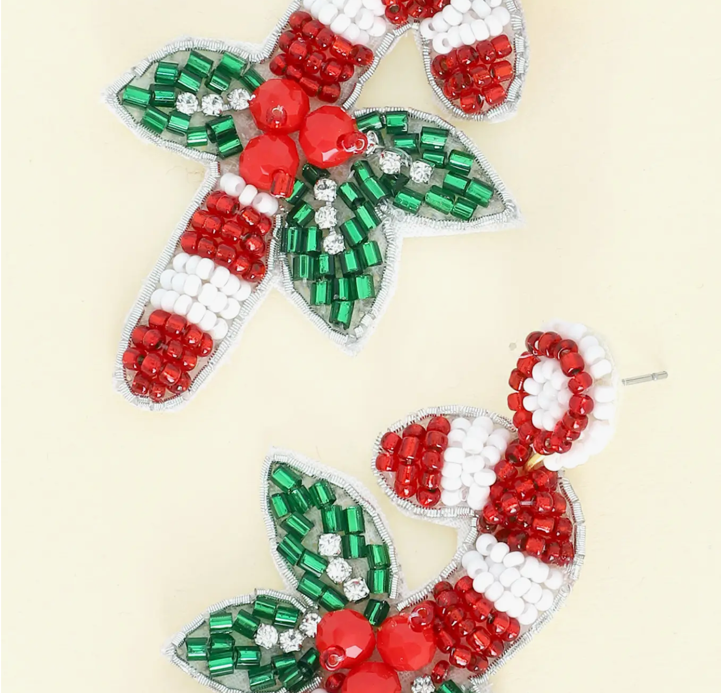 The Canton Christmas Shop Beaded Mistletoe Candy Cane Earrings Seed Beads Embroidered Holiday Red and White Striped with berries and rhinestones