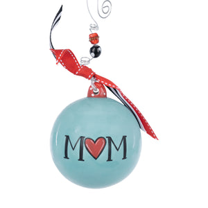 The Canton Christmas Shop I love you mom Christmas ornament by Glory Haus engraved letters MOM with a red heart