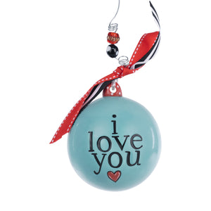 The Canton Christmas Shop I love you mom Christmas ornament by Glory Haus I Love you engraved and painted letters and a red heart on reverse side