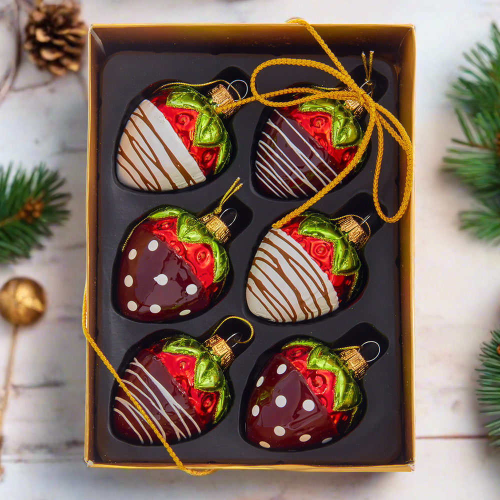 The Canton Christmas Shop Noble Gems Glass  6 piece box of chocolate strawberry ornaments