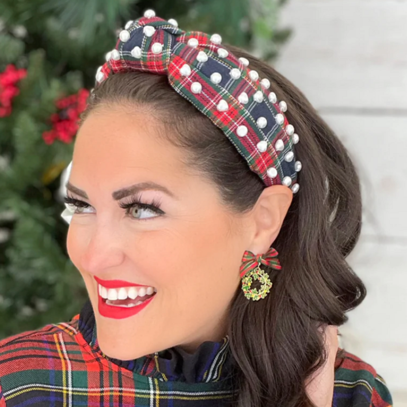 The Canton Christmas Shop Navy Tartan Plaid Headband with Heart Pearls worn by Brianna Cannon for Christmas