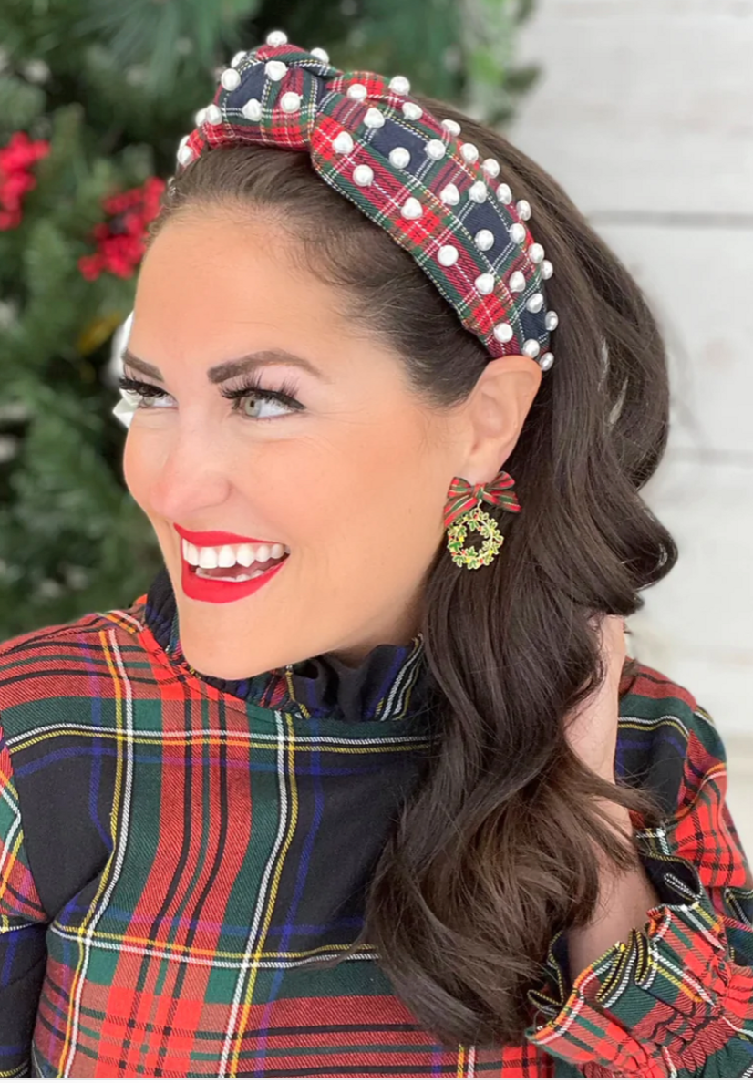 The Canton Christmas Shop Navy Tartan Plaid Headband with Heart Pearls worn by Brianna Cannon for Christmas