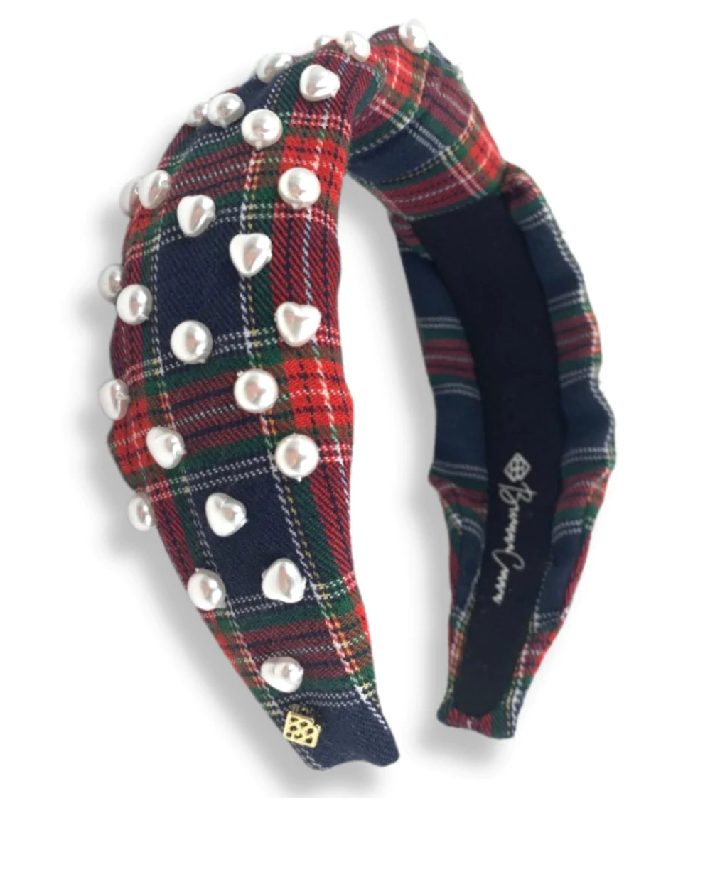 The Canton Christmas Shop Navy Tartan Plaid Headband with Heart Pearls worn by Brianna Cannon for Christmas