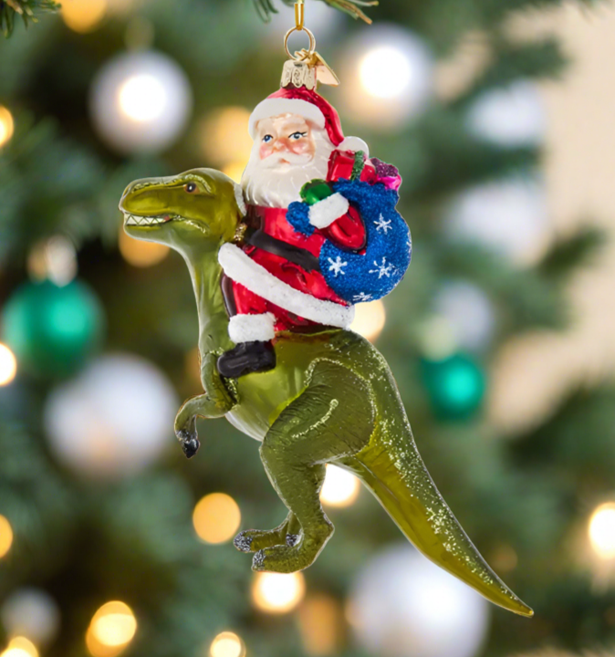 The Canton Christmas Shop Noble Gems Glass Santa on Dinosaur Ornament by Kurt Adler