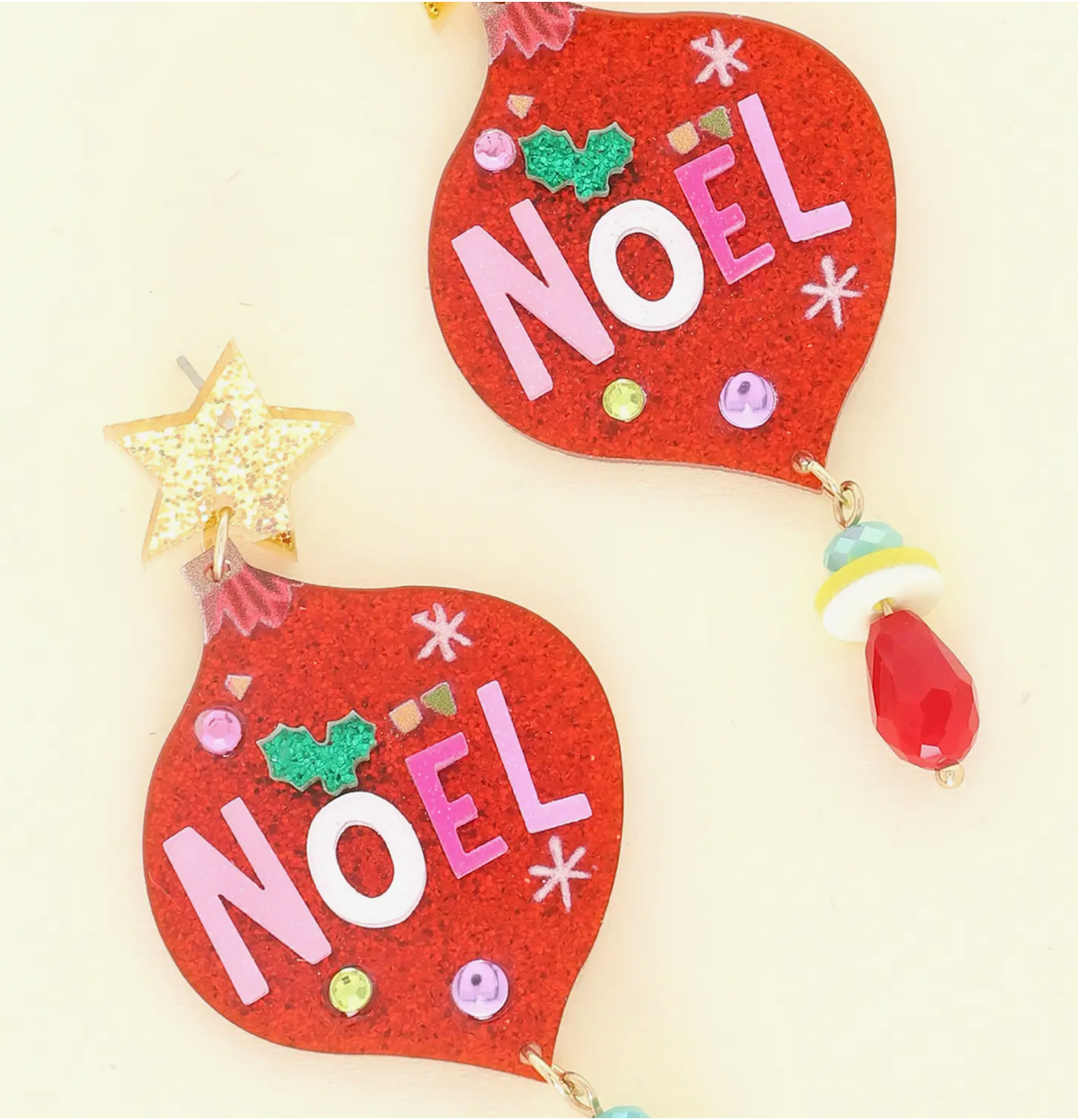 The Canton Christmas Shop Noel Christmas Ornament Acetate Earrings Retro Christmas Style Glittered Details Parties Holiday Cheer