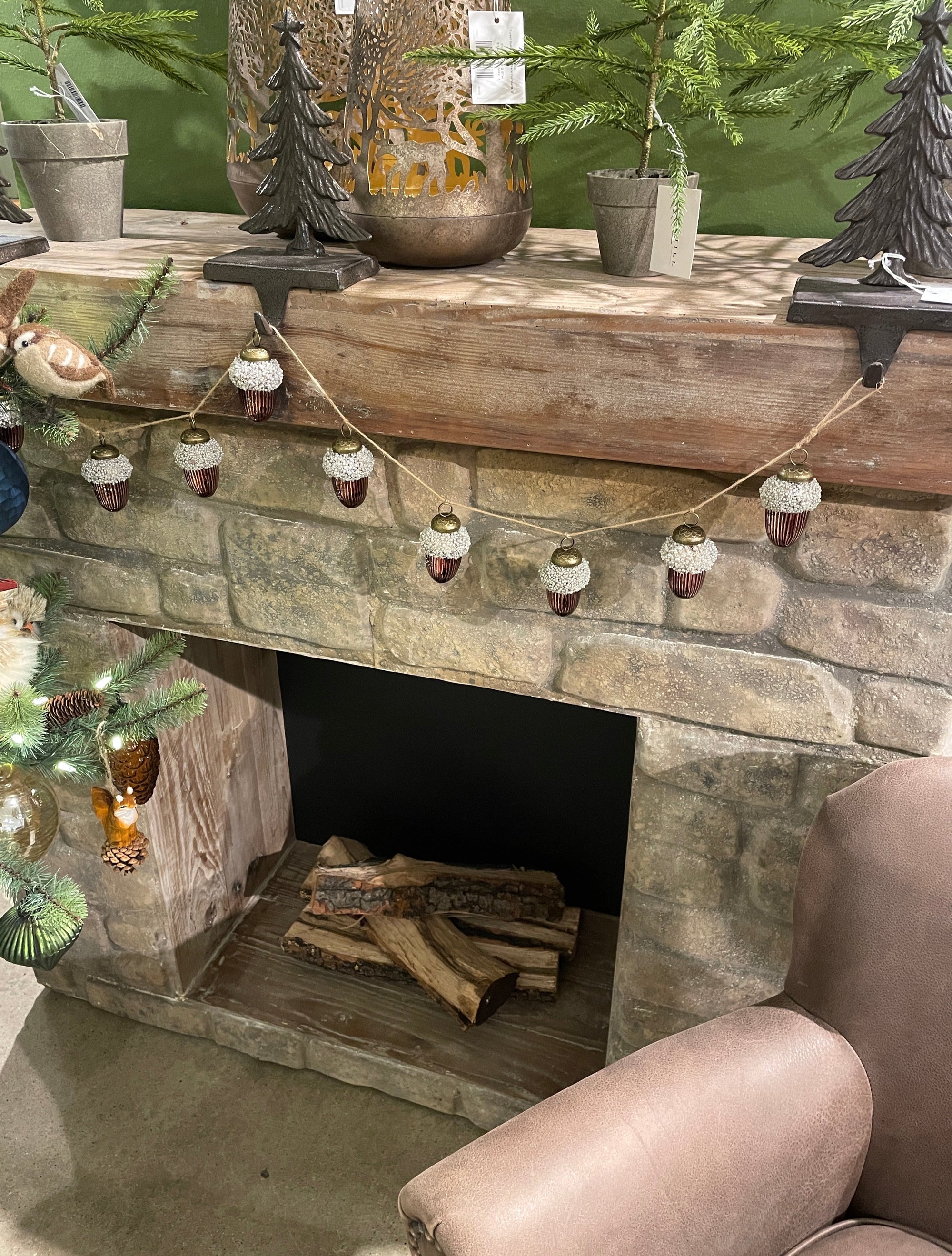 The Canton Christmas Shop Park Hill Stone Fireplace Mantle Angled View Decorated for Christmas
