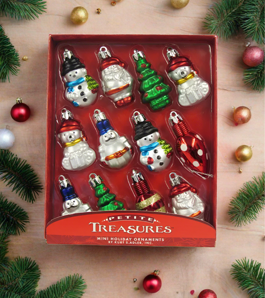 The Canton Christmas Shop Kurt Adler Petite Treasures Collection Miniature Shatterproof Hanging Christmas Ornaments, 12-Piece Set in Box, 2 Inch