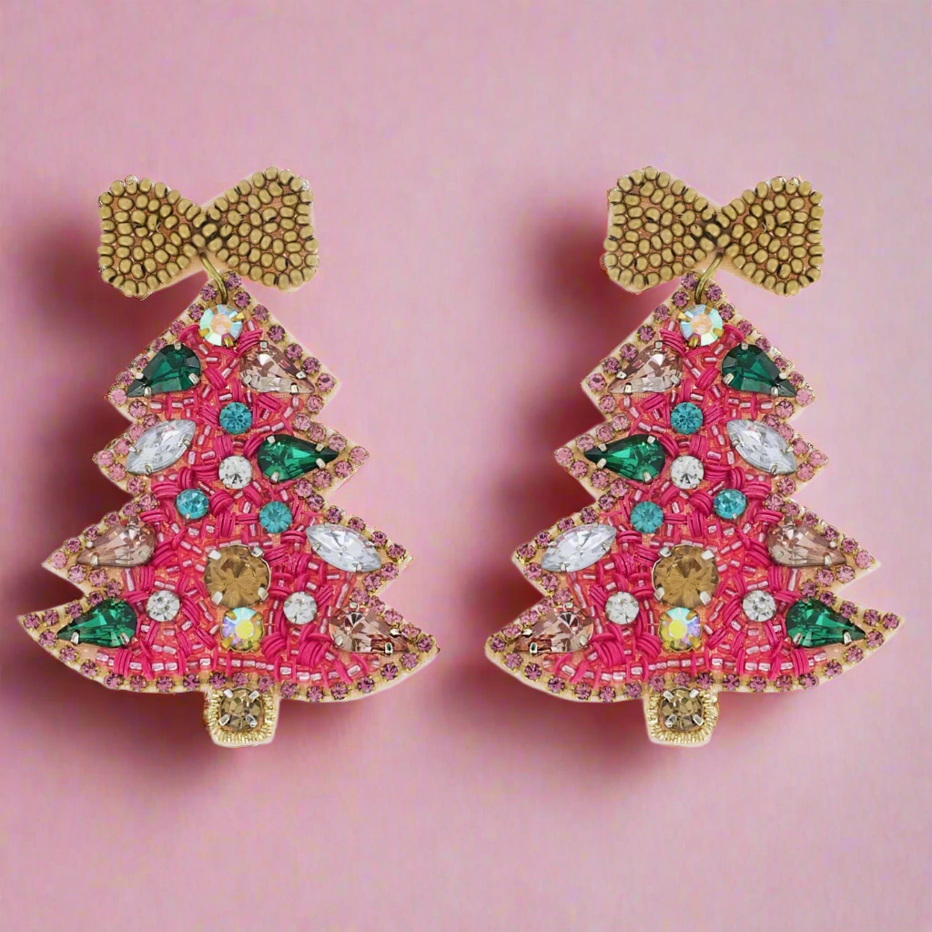 The Canton Christmas Shop Pink Jeweled Beaded Christmas Tree Earrings with Gold Bow