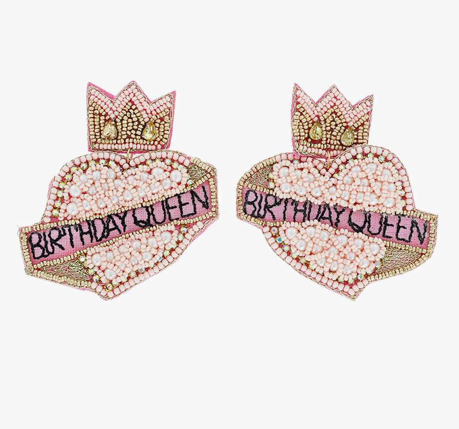 The Canton Christmas Shop Pink Crown Birthday Queen Seed Bead Heart Drop Earrings