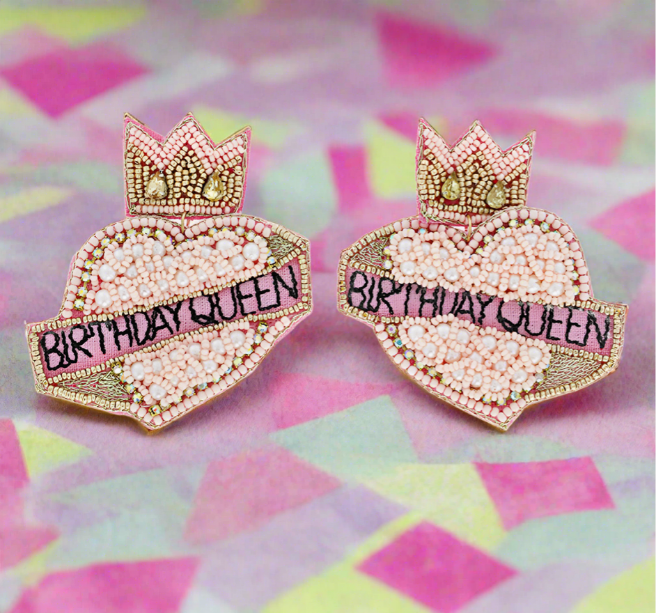 The Canton Christmas Shop Pink Crown Birthday Queen Seed Bead Heart Drop Earrings