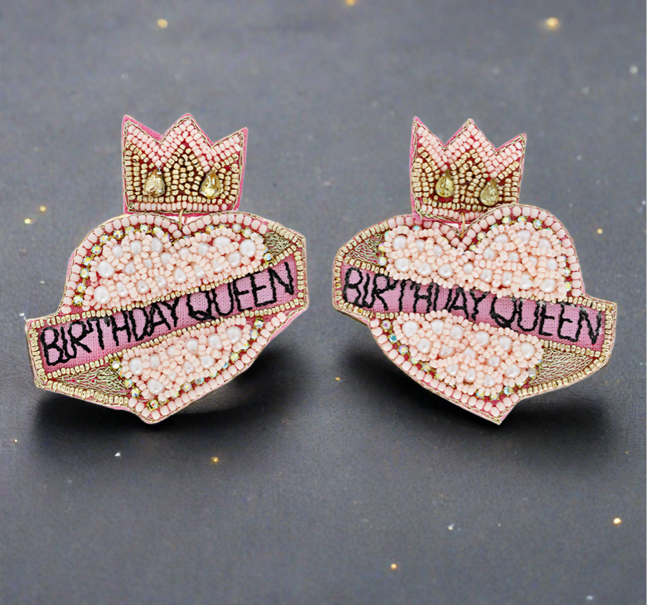 The Canton Christmas Shop Pink Crown Birthday Queen Seed Bead Heart Drop Earrings