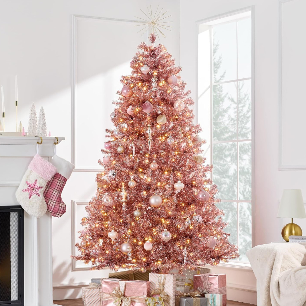 The Canton Christmas Shop Pink Prelit Tinsel Christmas Tree for Holiday Decorating Retro Midcentury Aluminum