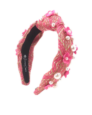 The Canton Christmas Shop Pink & Tan Raffia Flower Headband with pearls by Brianna Cannon
