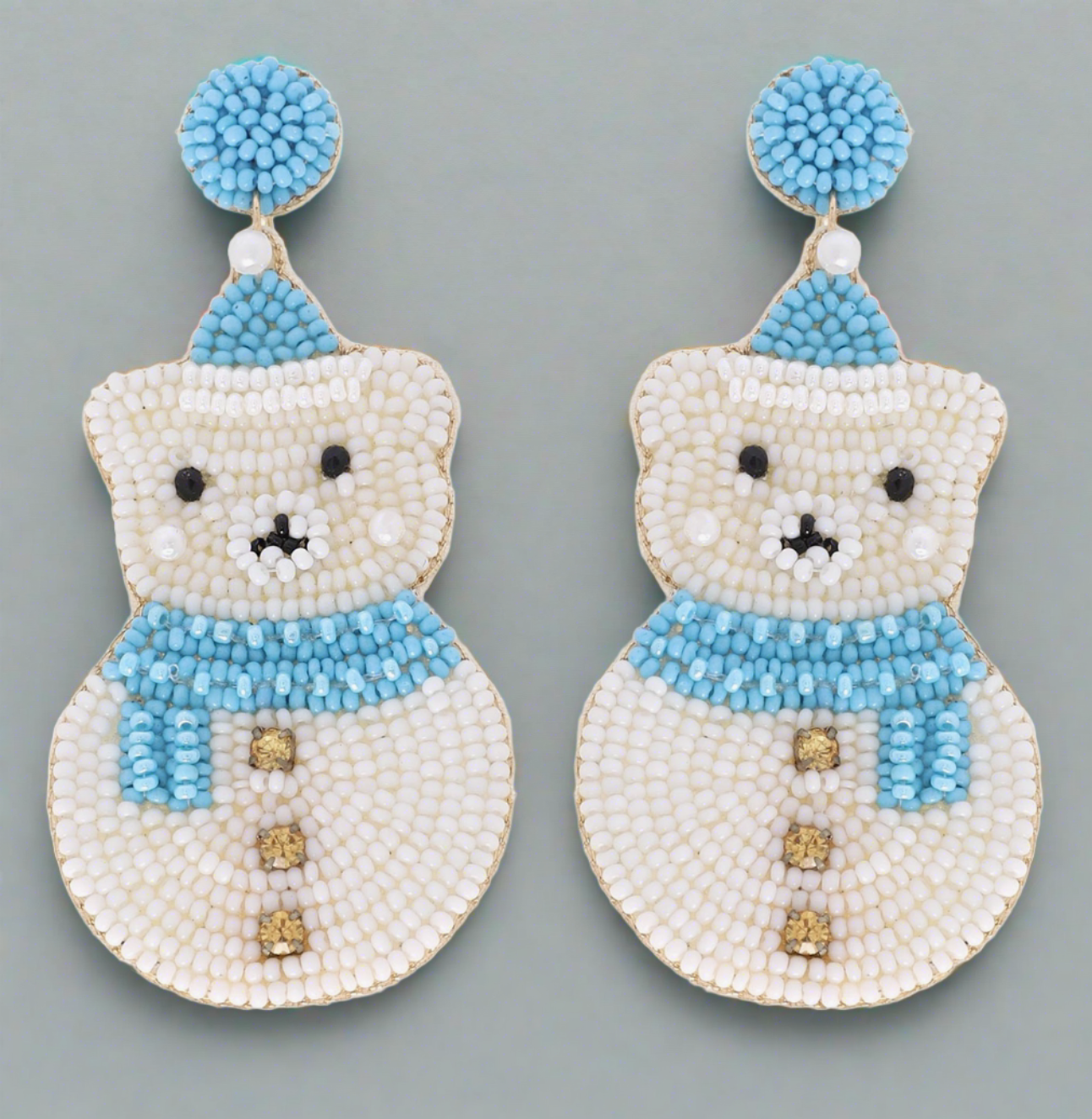 The Canton Christmas Shop Polar Bear Snowman Blue and White Beaded Earrings