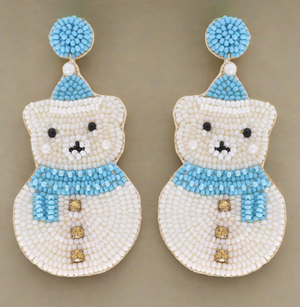 The Canton Christmas Shop Polar Bear Snowman Blue and White Beaded Earrings