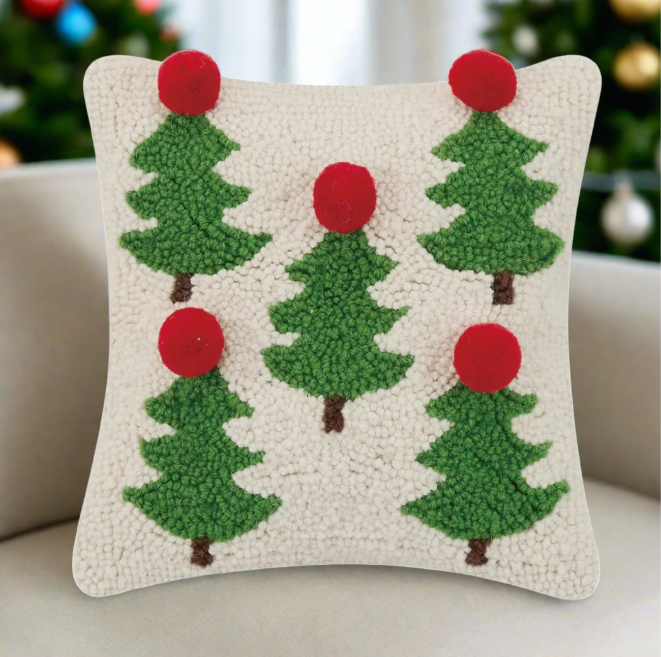 The Canton Christmas Shop Pom Pom Christmas Tree Hooked Throw Pillow