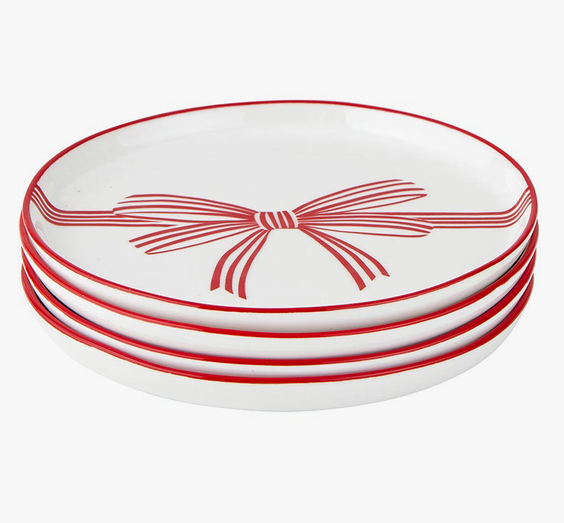 The Canton Christmas Shop Holiday Love Red Bow Appetizer Plates on Table Set of Four