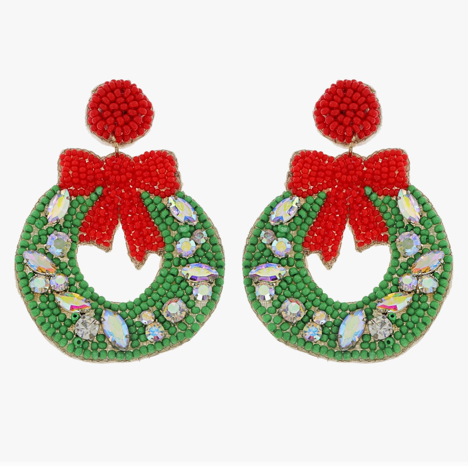 The Canton Christmas Shop Christmas Wreath Beaded Earrings with Red Bow Stocking Stuffer Holiday Gift Party Idea Crystal Rhinestone Jeweled Seed Bead