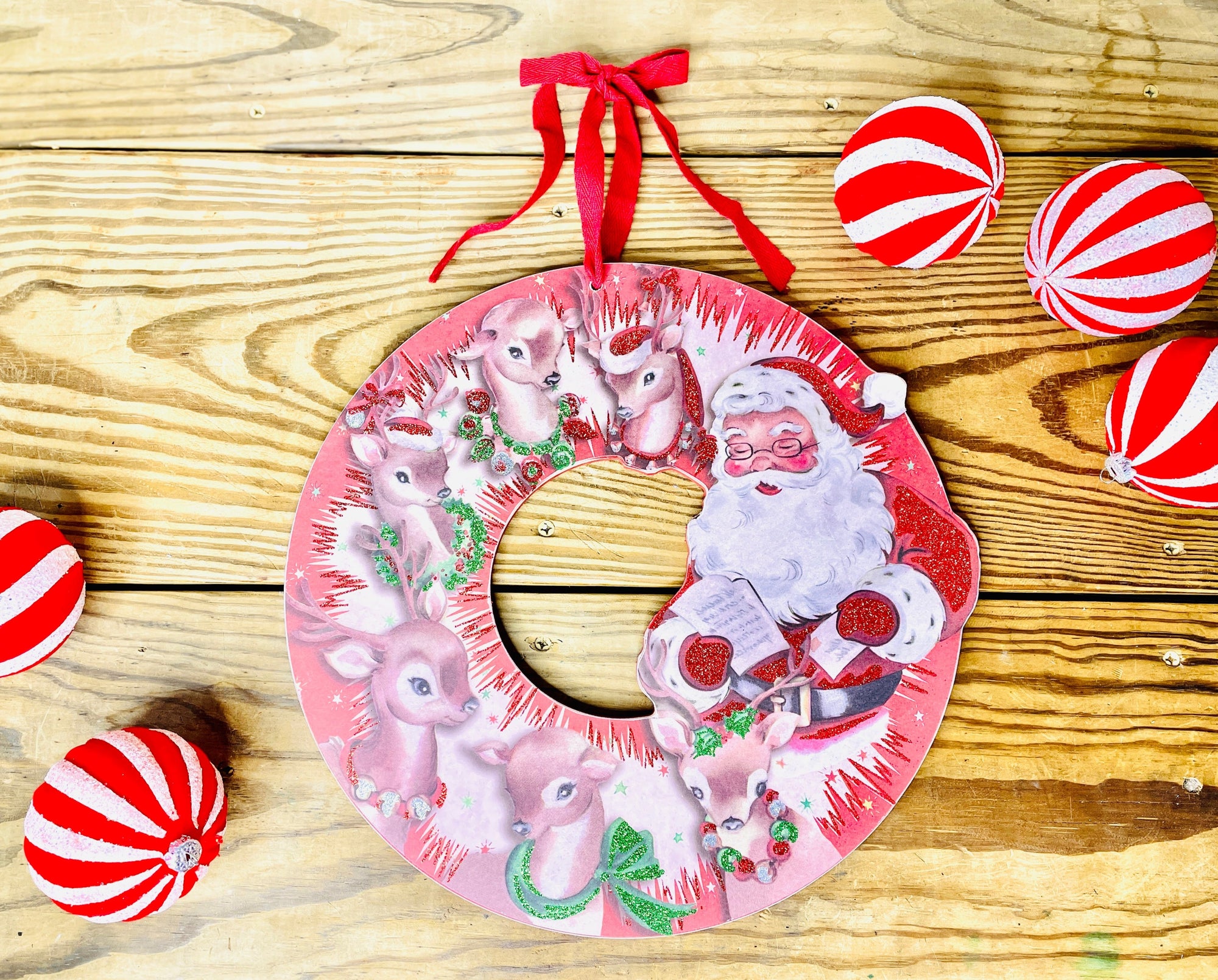 The Canton Christmas Shop Retro Santa Wreath in Glitter and Wood by Primitives by Kathy