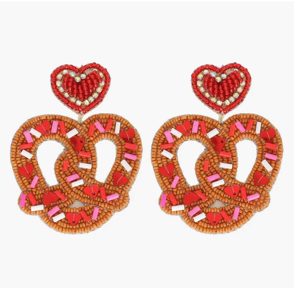 The Canton Christmas Shop Red and Pink Sprinkle Pretzel beaded heart valentines earrrings