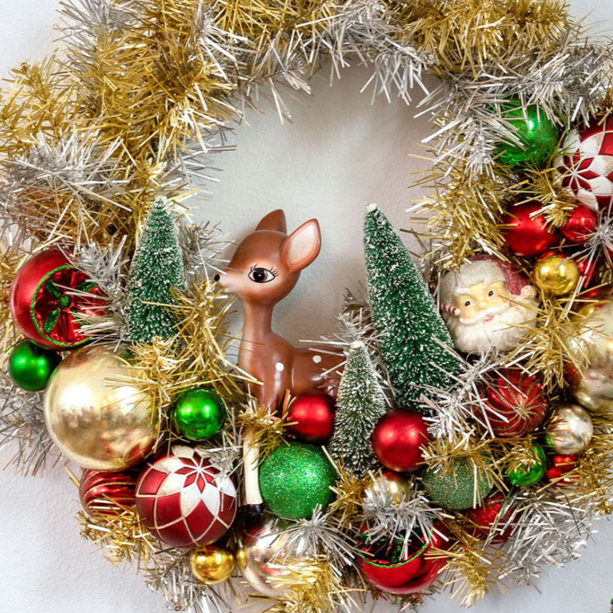 The Canton Christmas Shop Retro Tinsel Wreath with Santa and Reindeer from Park Hill Collection closeup view