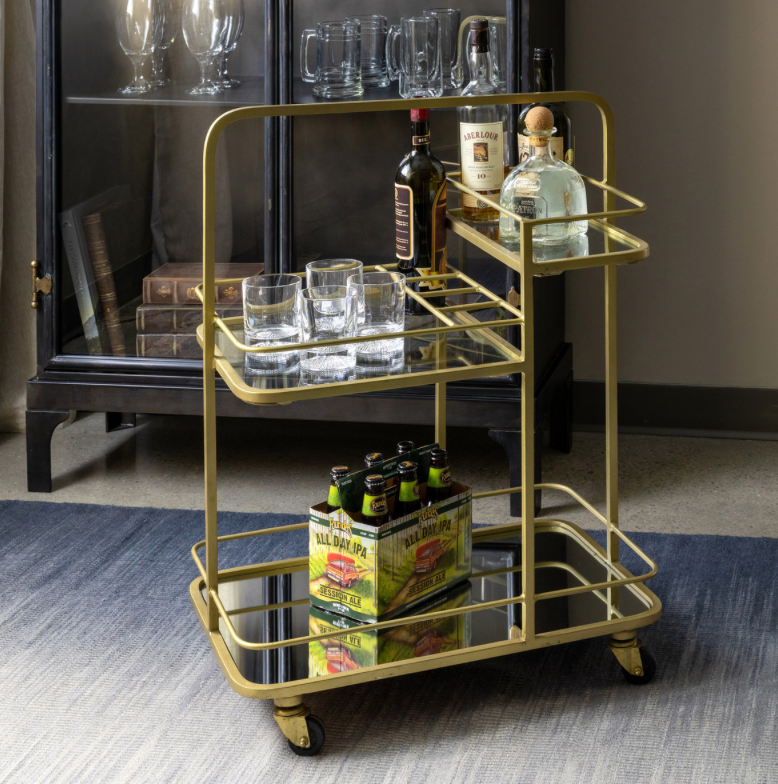 The Canton Christmas Shop Retro Urban Bar Cart in Gold and Glass with Mirrored Tray Vintage style