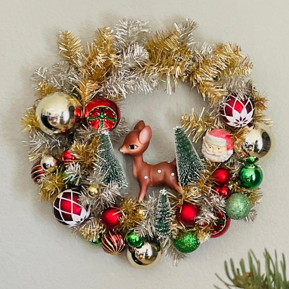 The Canton Christmas shop retro tinsel wreath by park hill collection with santa and Rudolph