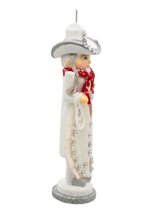 The Canton Christmas Shop 6" Hollywood Nutcrackers Cowgirl Nutcracker Ornament Texas by Kurt Adler side view showing rope