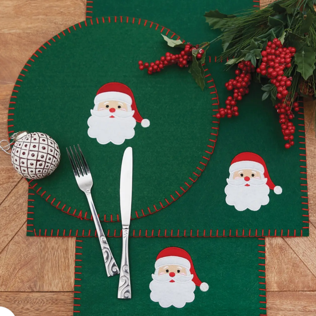 The Canton Christmas Shop Santa Felt Placemats in green with red and white santa in center vintage style