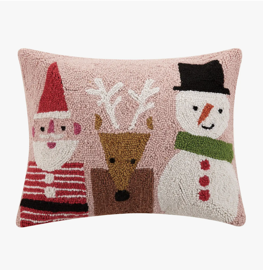 The Canton Christmas Shop Santa and Friends Hooked Throw Pillow for Christmas featuring Santa Reindeer Snowman with Pink Background