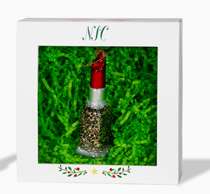 The Canton Christmas Shop Red Lipstick Glass Ornament in box on white background