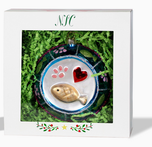 The Canton Christmas Shop Cat Bowl Ornament in box on white background