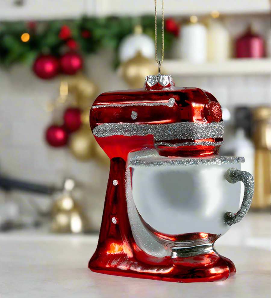 The Canton Christmas Shop Red Stan Mixer Glass Ornament on Kitchen countertop