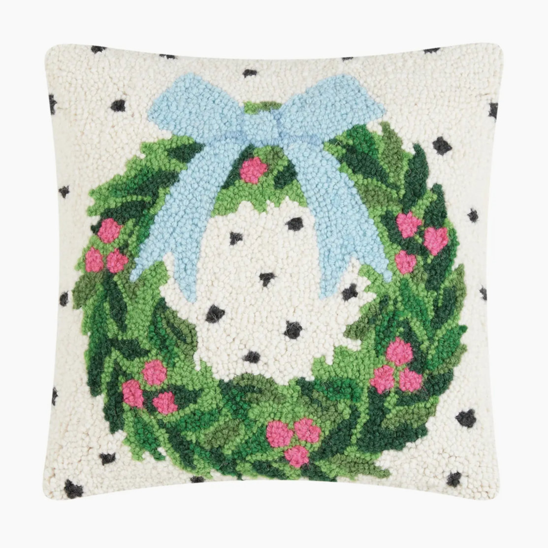 The Canton Christmas Shop Spotted Wreath Holiday 100% Wool Hooked Pillow