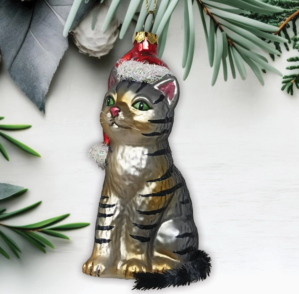 The Canton Christmas Shop Tabby Cat Glass Ornament with Santa Hat