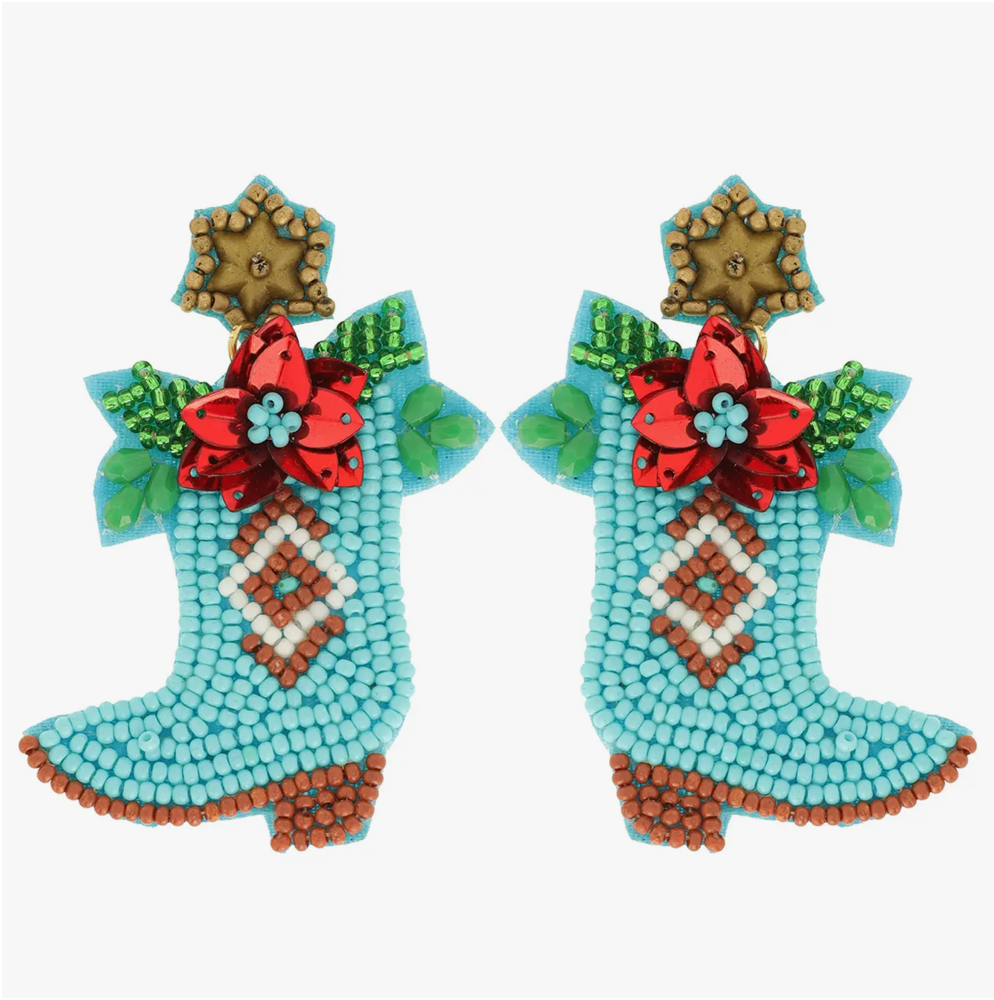 The Canton Christmas Shop Turquoise Poinsettia Cowboy Boot Dangle Earrings Seed Bead